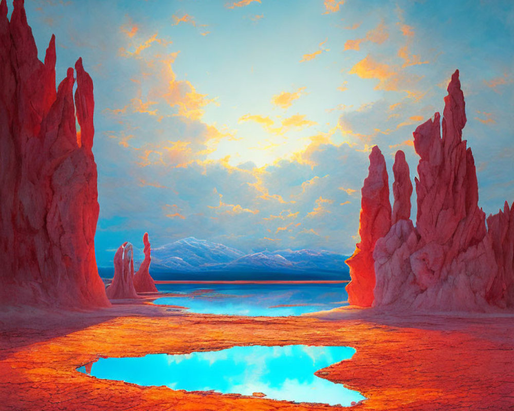 Majestic red rock formations and blue water pool under colorful sky
