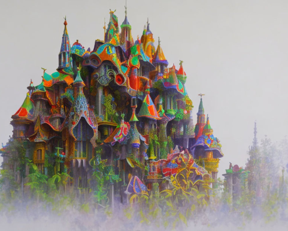 Whimsical colorful castle with elaborate towers and spires