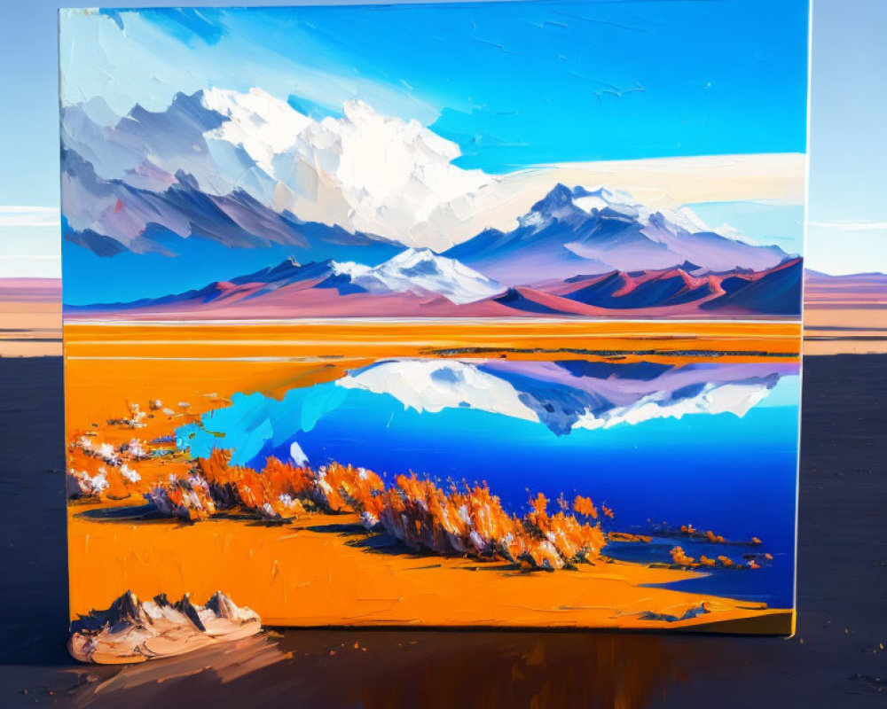 Mountainous Landscape Digital Painting with Reflective Lake & Clear Blue Sky