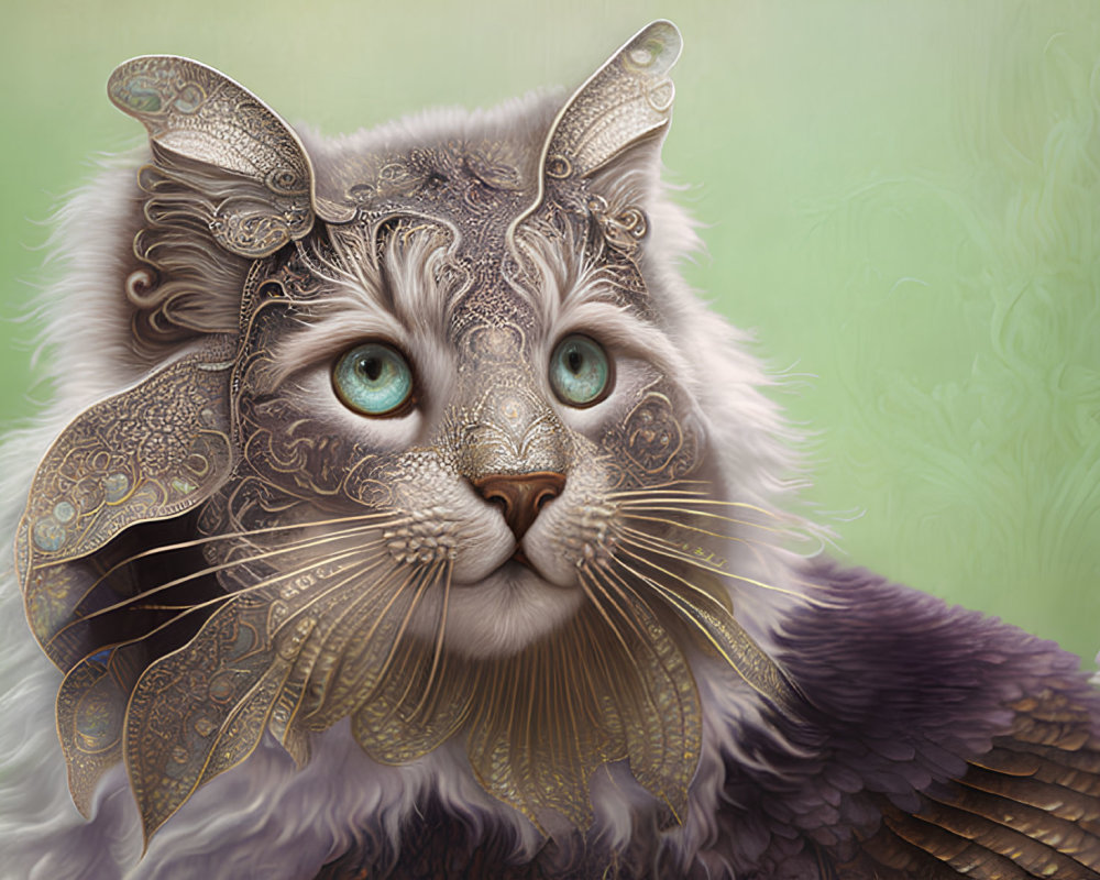 Detailed cat illustration with ornate metallic facial armor on green backdrop