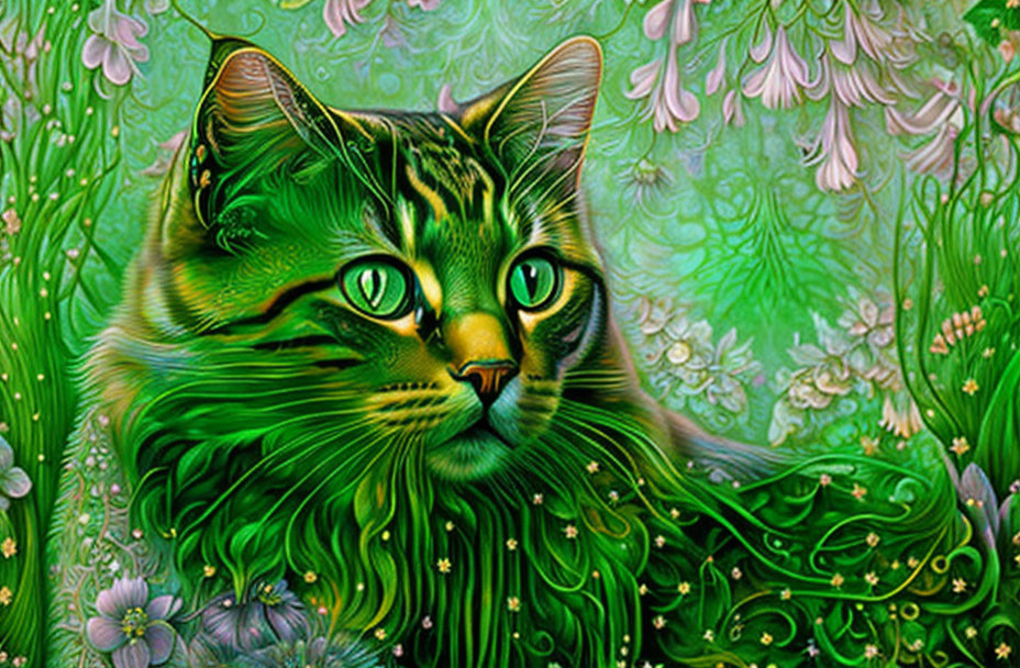 Colorful digital artwork of green-toned cat with intricate patterns on floral background