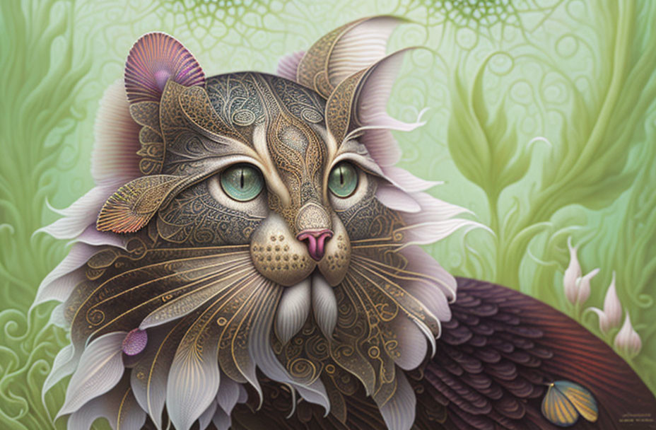 Detailed cat illustration with intricate patterns on fur against green floral background
