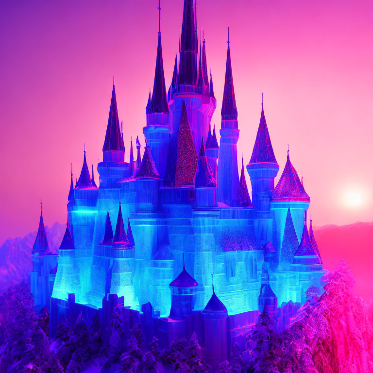 Castle with spires in blue glow at sunset with silhouetted trees