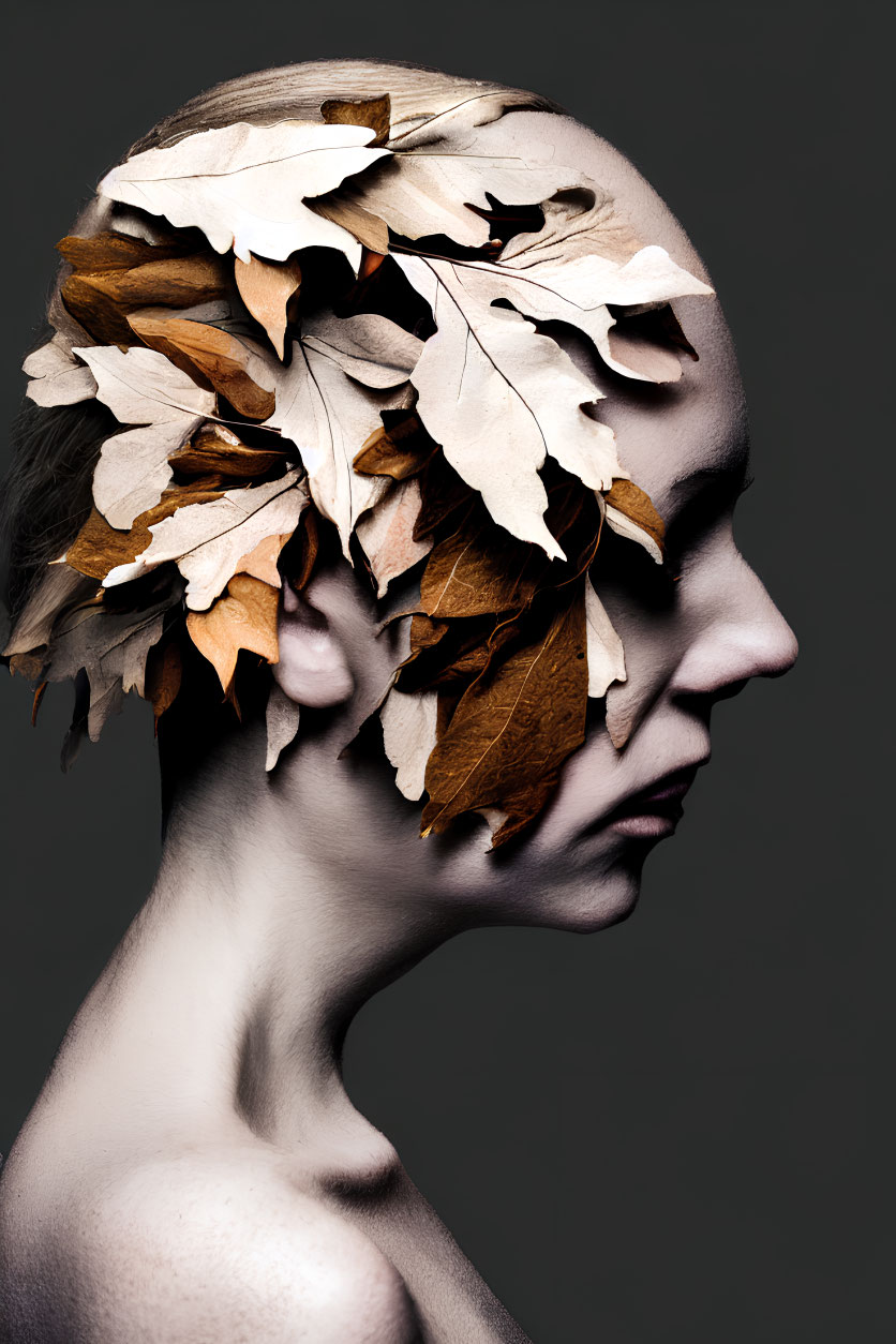 Person's Profile with Dry Leaves Headdress on Gray Background