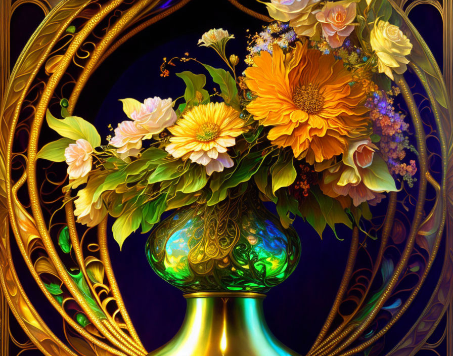Colorful Roses and Daisies in Green Vase on Golden Background