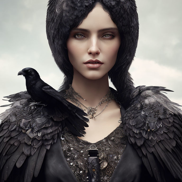 Pale-skinned woman in feathered attire with crow on shoulder under cloudy sky