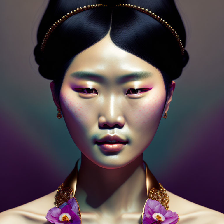 Digital portrait of woman with Asian features and vibrant purple makeup.