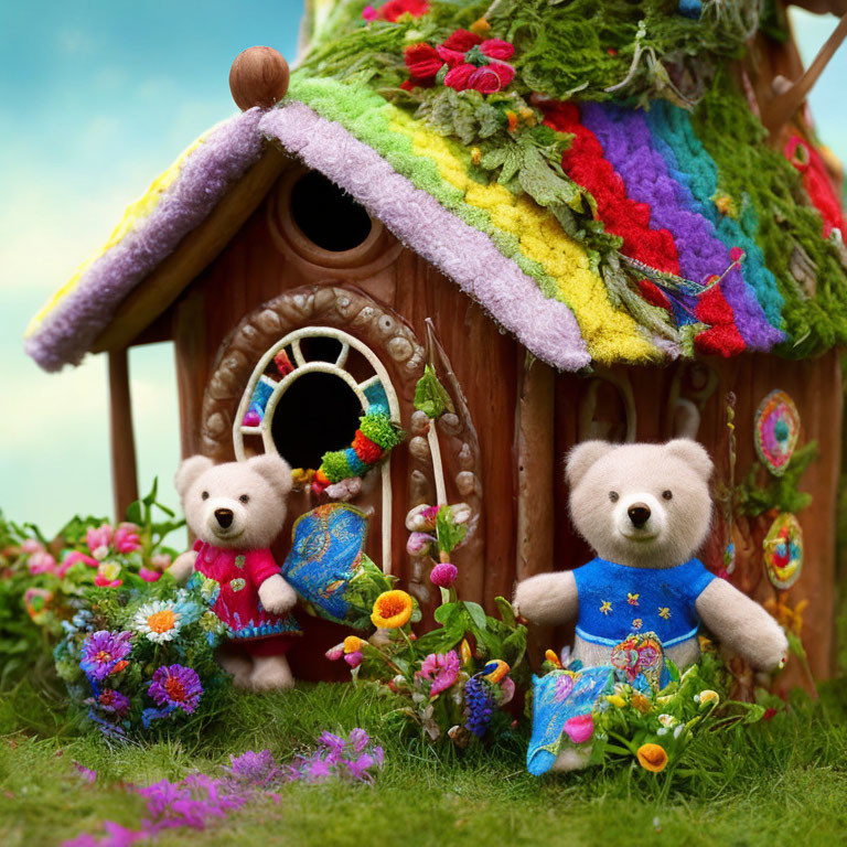 Plush Teddy Bears by Colorful Fairy-Tale House