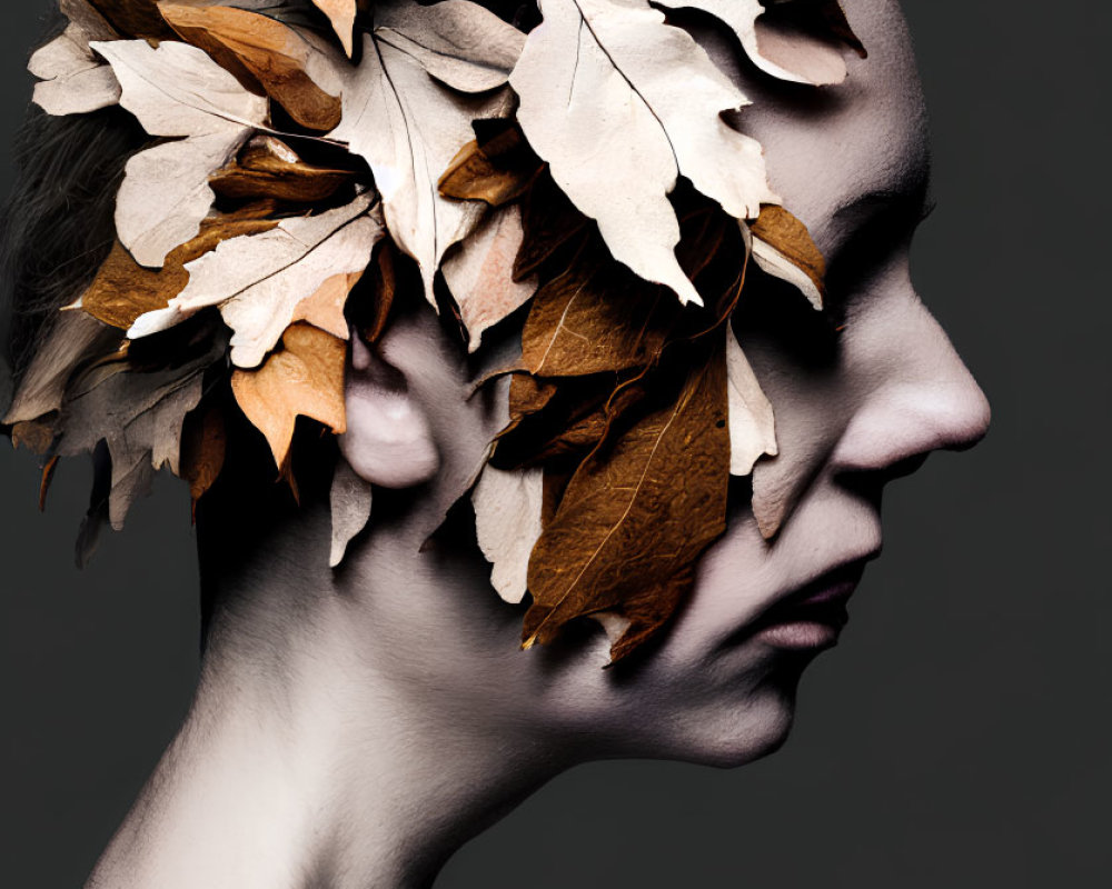 Person's Profile with Dry Leaves Headdress on Gray Background