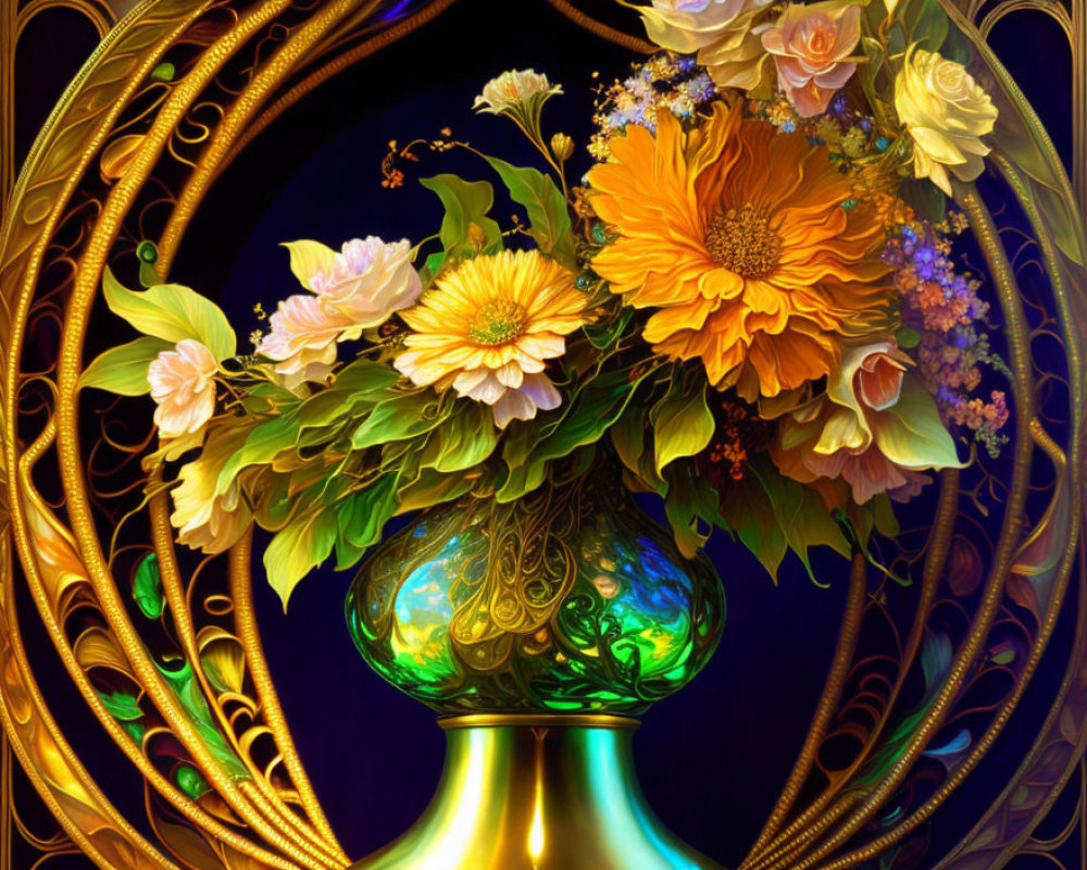 Colorful Roses and Daisies in Green Vase on Golden Background