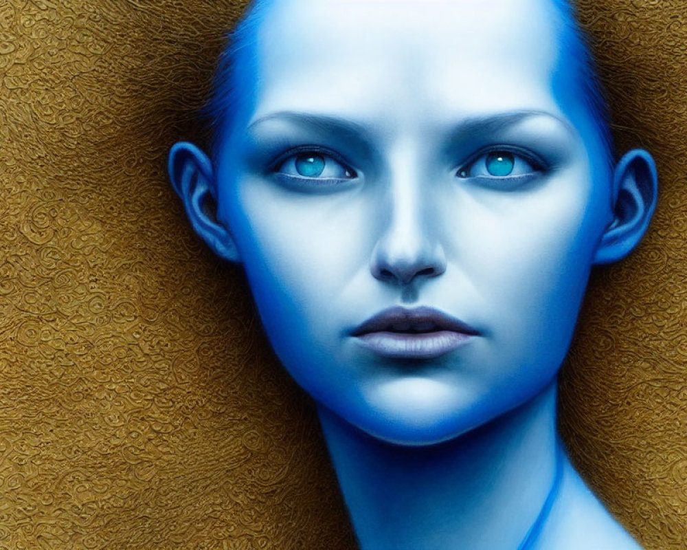 Blue-skinned humanoid face with pointed ears on ornate golden background