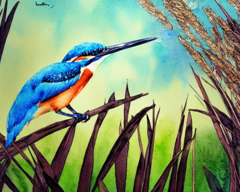 Colorful Watercolor Painting of Blue Kingfisher on Reeds