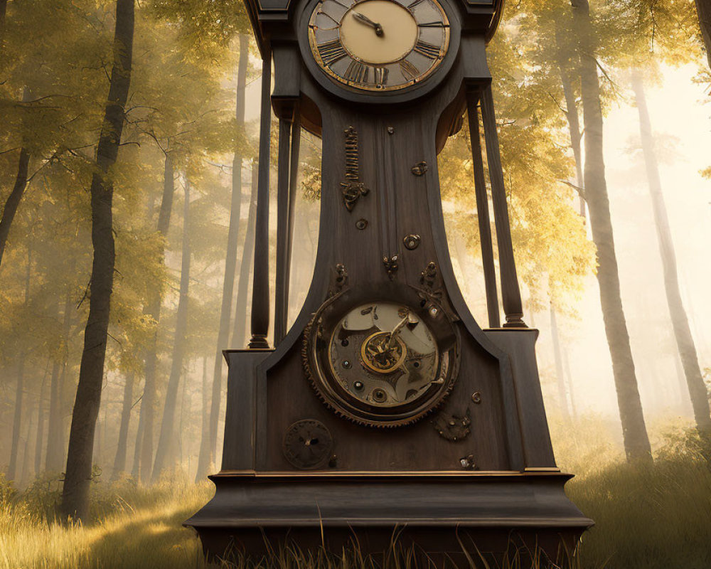 Antique grandfather clock in sunlit forest clearing