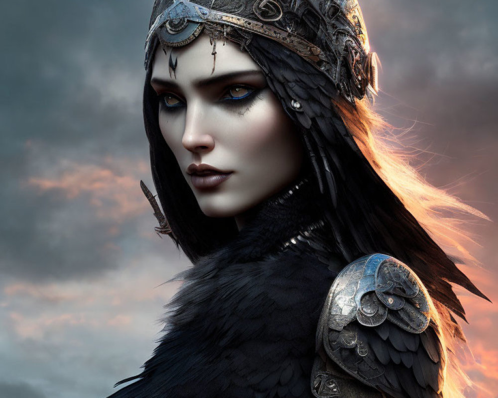Fantasy female warrior digital portrait with blue eyes and metallic headdress