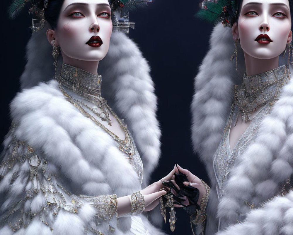 Two Women in White Fur Coats with Dark Lipstick and Gold Jewelry