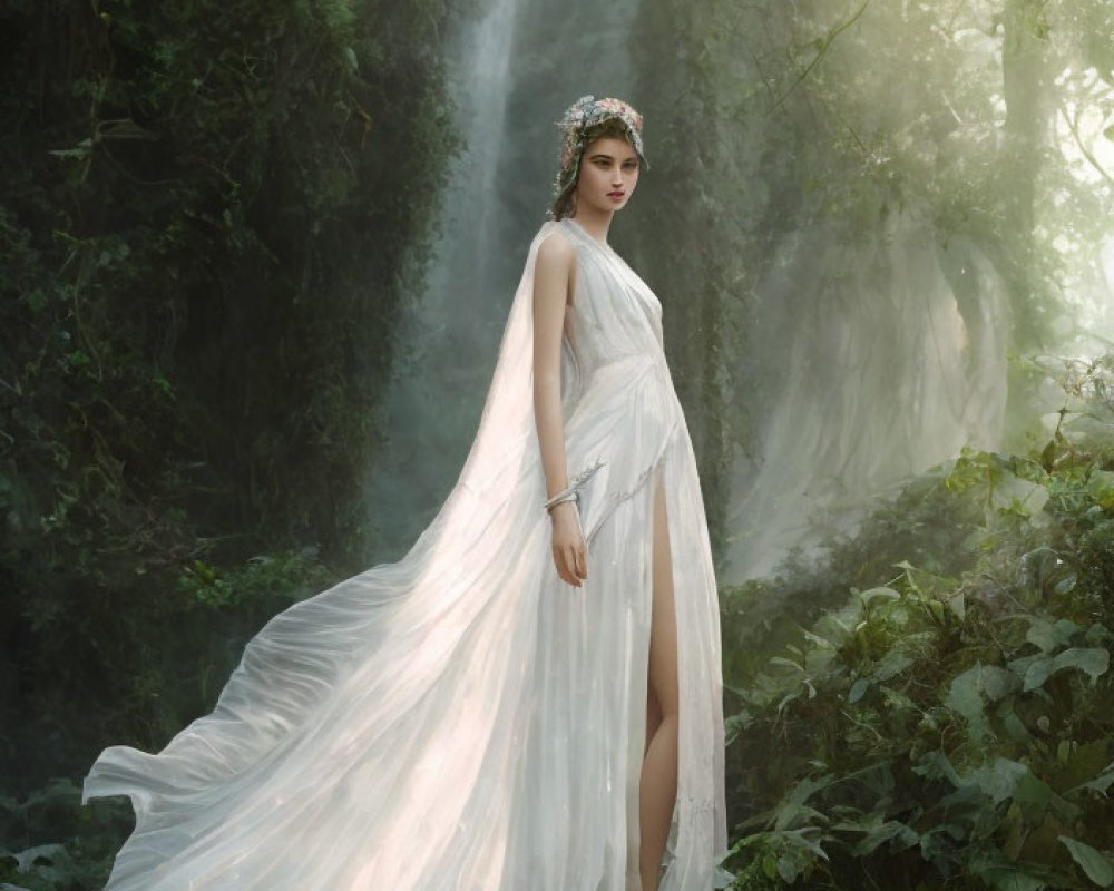 Woman in White Gown Stands in Misty Forest with Waterfall