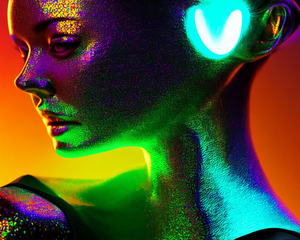 Vibrant neon-lit portrait with colorful skin tones and glowing blue light