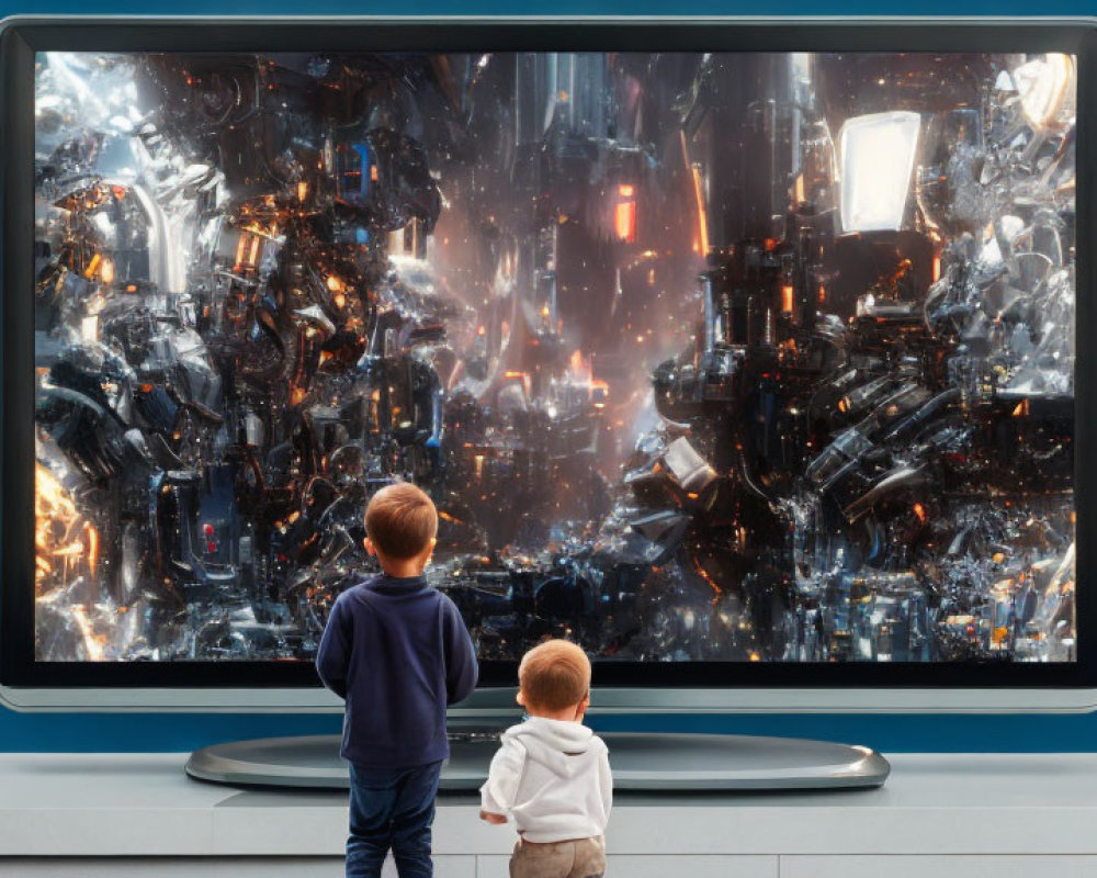 Children observing futuristic cityscape on large screen