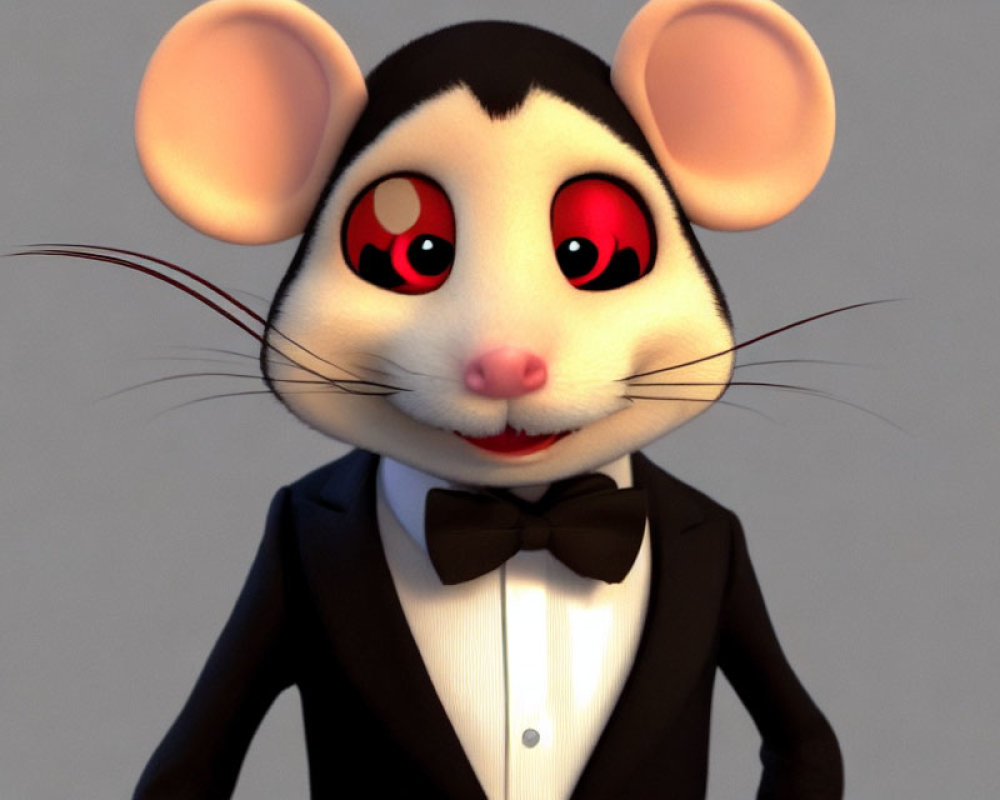 Cartoon Mouse 3D Illustration with Red Eyes and Black Suit