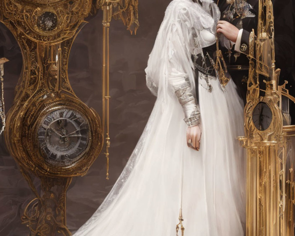 Gothic romantic couple in vintage attire surrounded by golden clocks