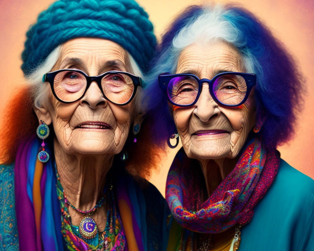 Colorfully dressed elderly women smiling against orange backdrop.