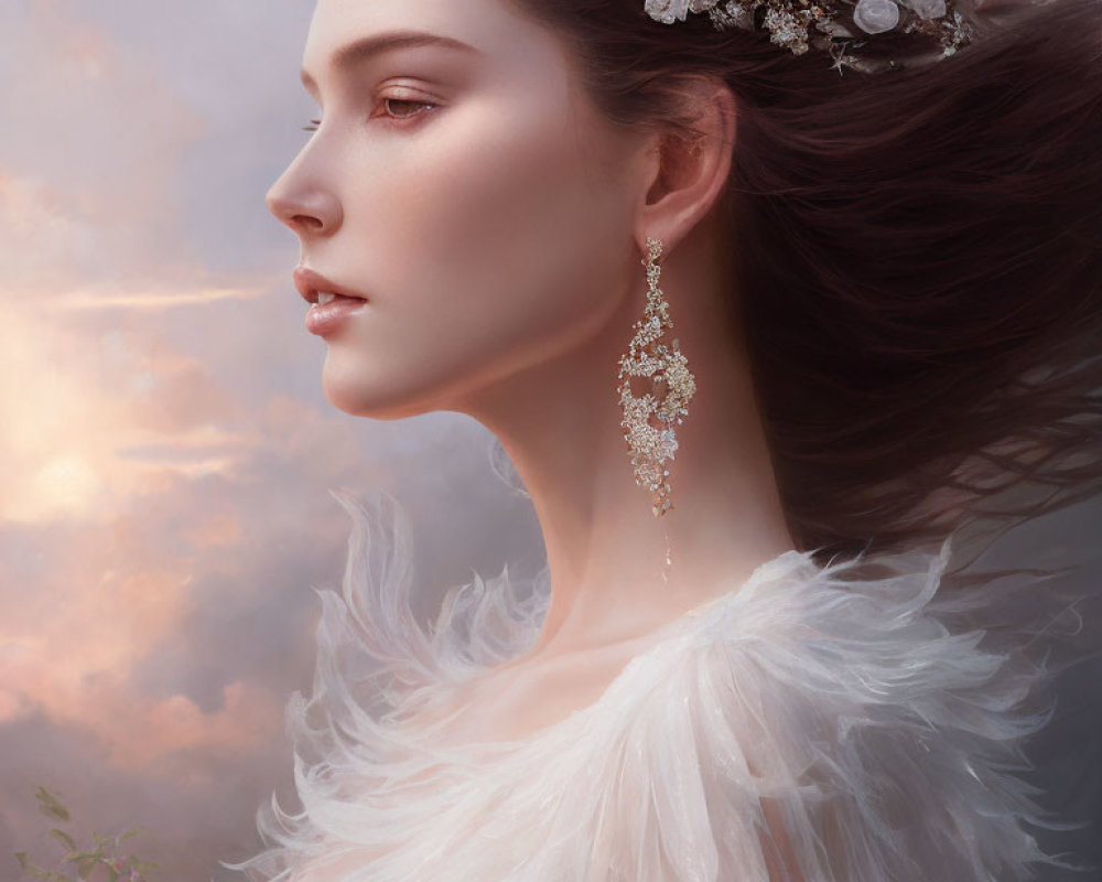 Woman with Floral Crown and Elegant Earrings in White Feathery Outfit