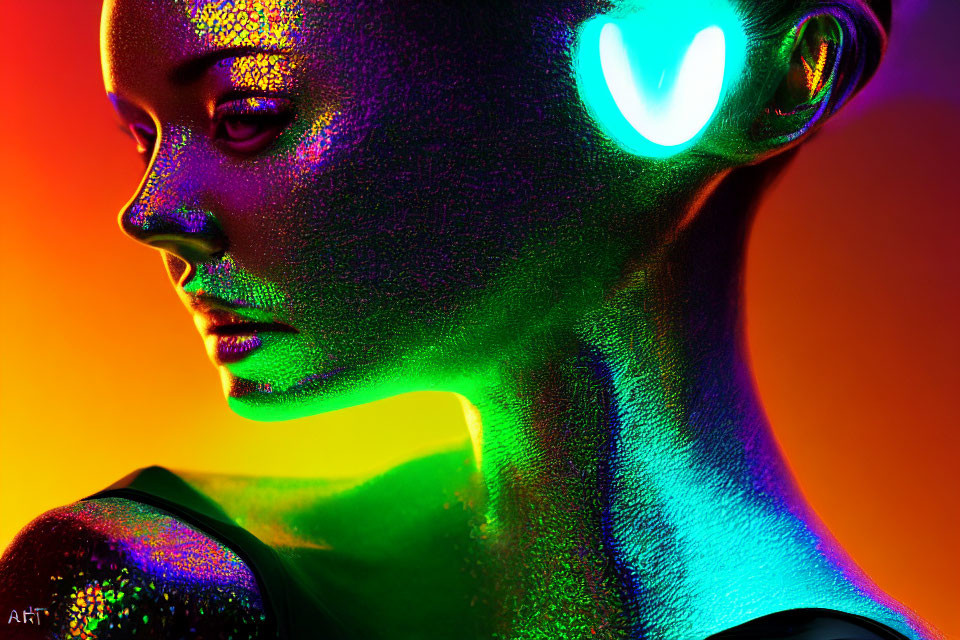 Vibrant neon-lit portrait with colorful skin tones and glowing blue light