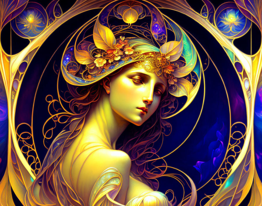 Ethereal woman with golden Art Nouveau accessories in cosmic floral scene