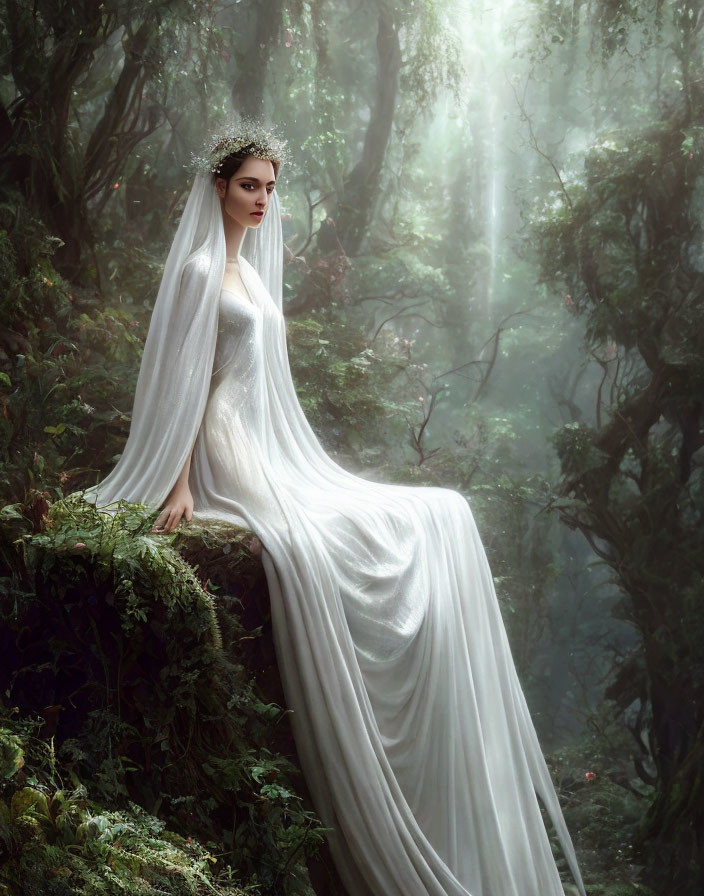Woman in white gown and tiara sitting on forest branch in misty light