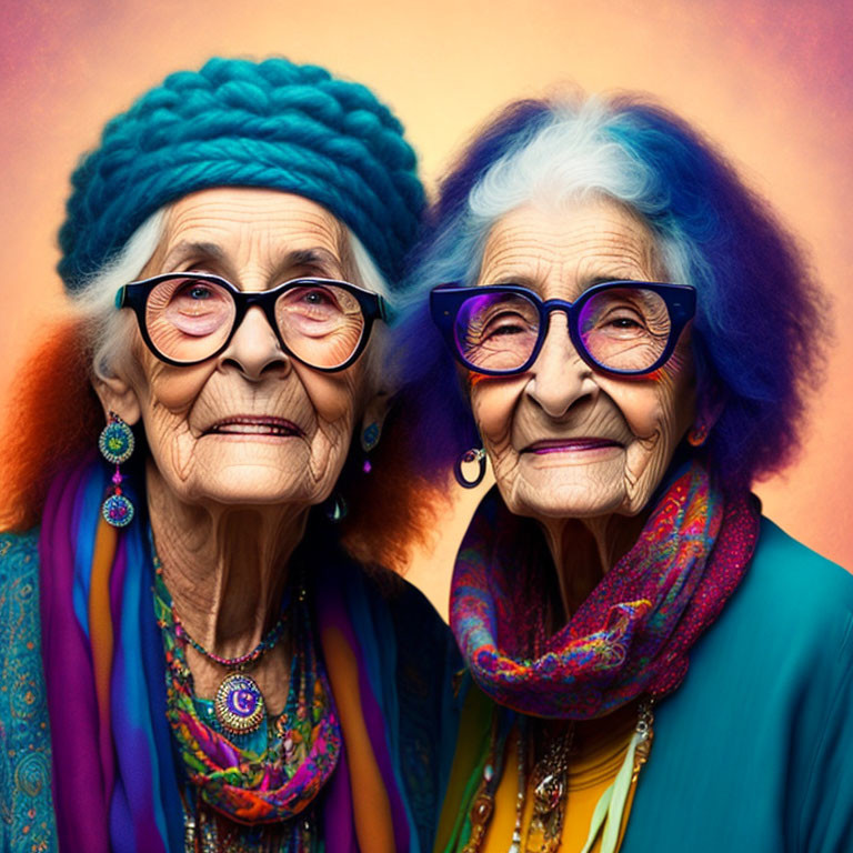 Colorfully dressed elderly women smiling against orange backdrop.