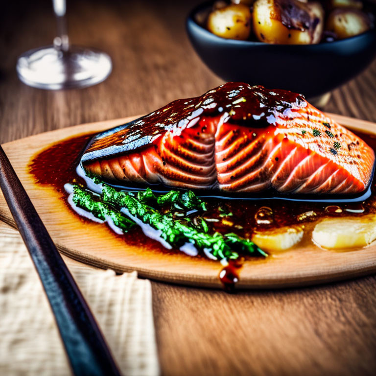  grilled salmon fillet in teriyaki sauce, with pot