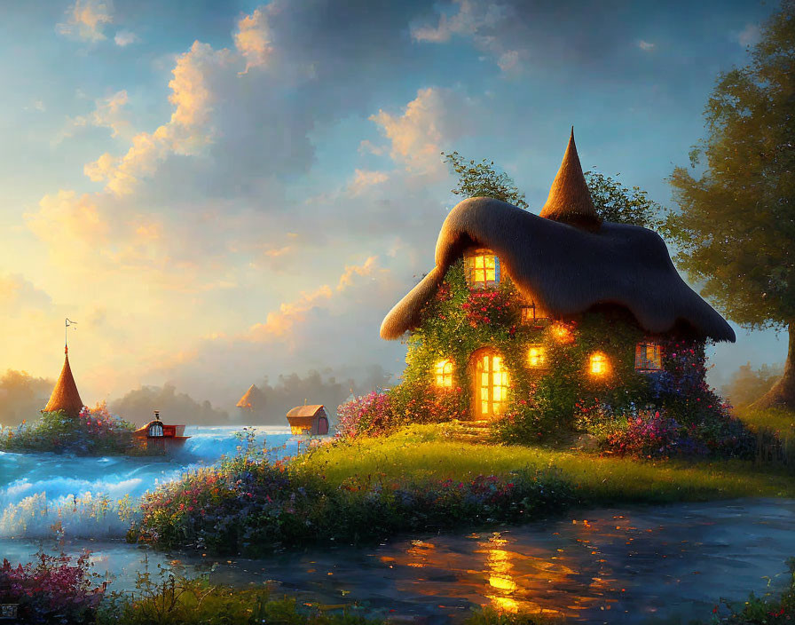   Painting of a whimsical cottage near the water