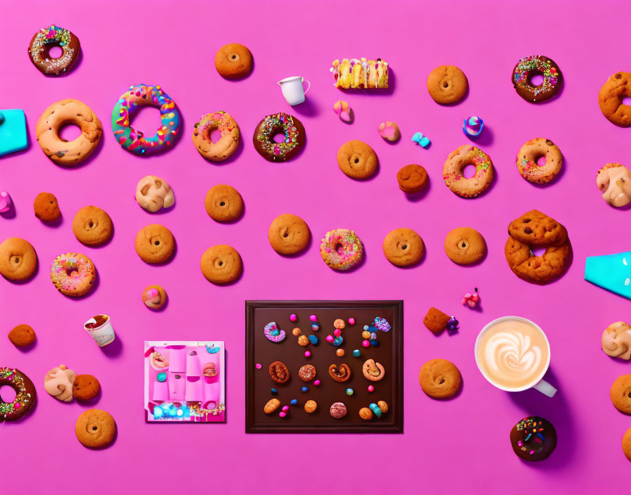  Varieties of cookies, donuts, cakes, coffee 