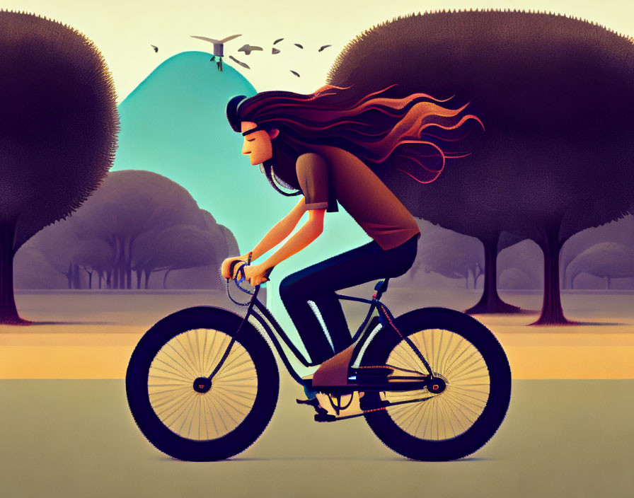 A tall young man with long hair is riding a bicycl