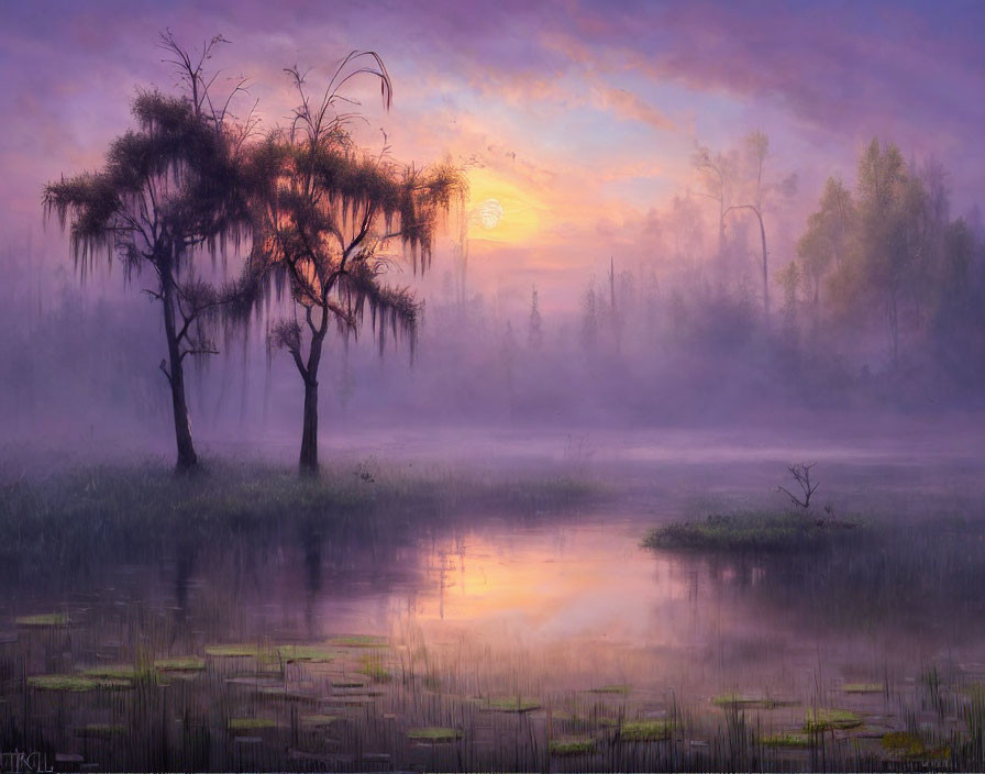 Sunrise Swamp Scene: Misty Water, Silhouetted Tree, Water Lilies