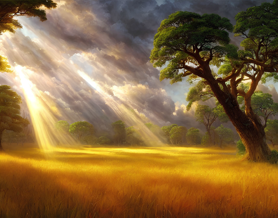 Sun rays illuminate savanna grass and acacia trees.