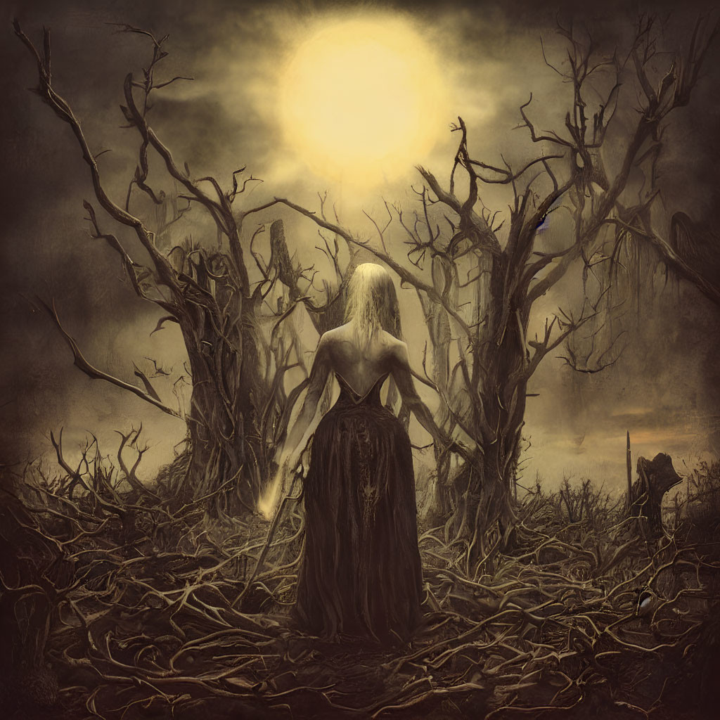 Spectral figure in flowing gown under full moon in gloomy forest