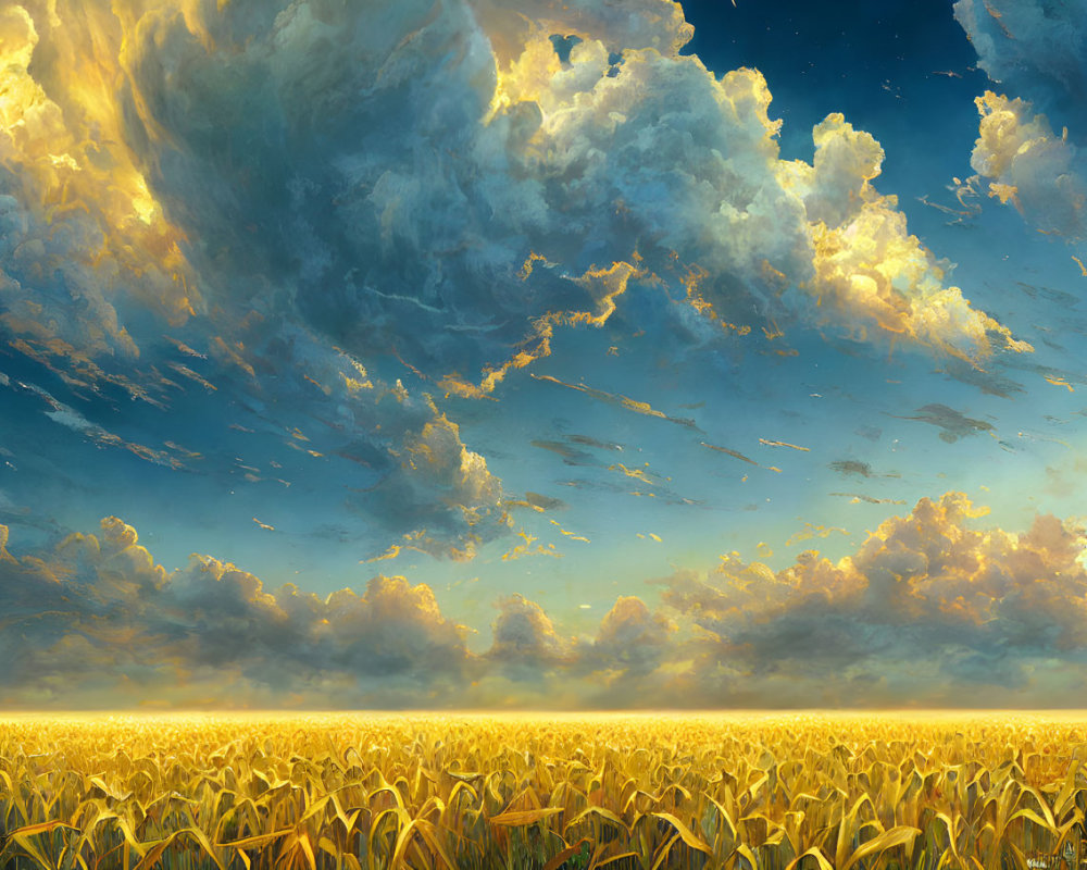 Golden crops in vast field under dramatic sky