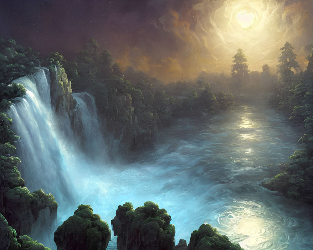 Majestic waterfalls, lush forests, tranquil river under starry sky