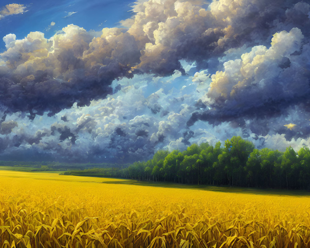Golden Wheat Field Under Dramatic Sky with Dark Clouds and Green Trees