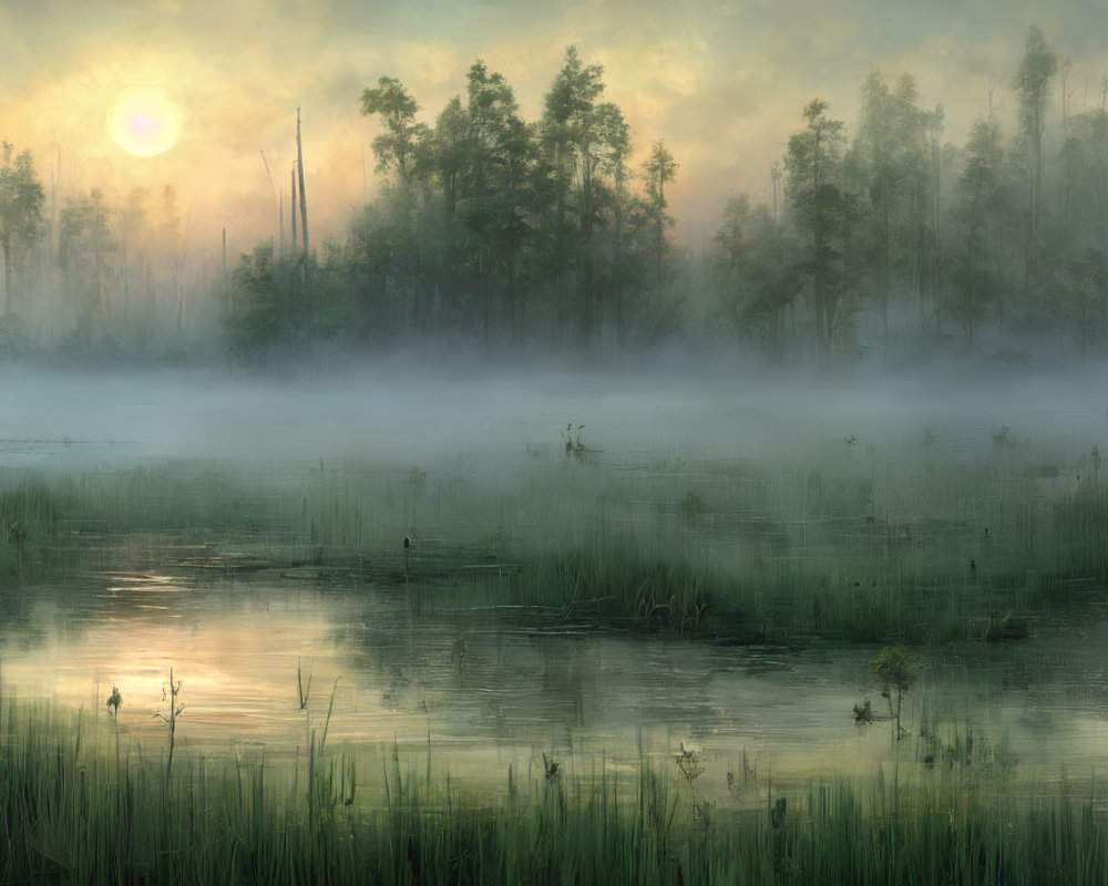 Tranquil Sunrise Wetland Scene with Mist and Silhouetted Trees