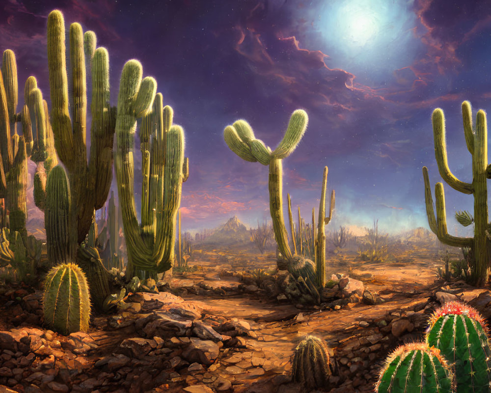 Twilight desert landscape with towering cacti under starry sky