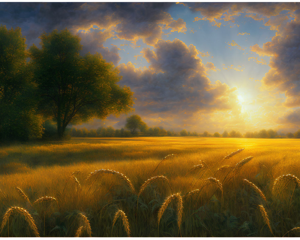 Sunset over Golden Wheat Field with Sunbeams and Long Shadows