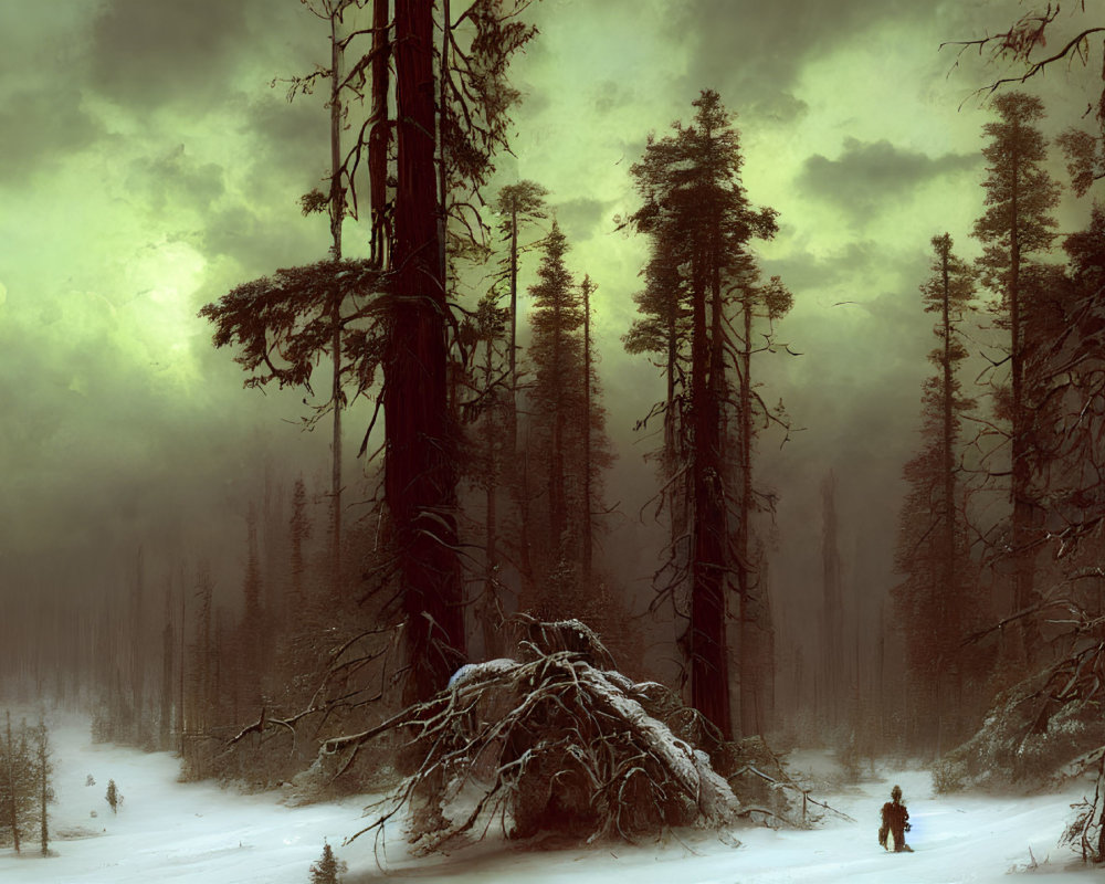 Solitary figure in snow-covered forest under green-tinged sky