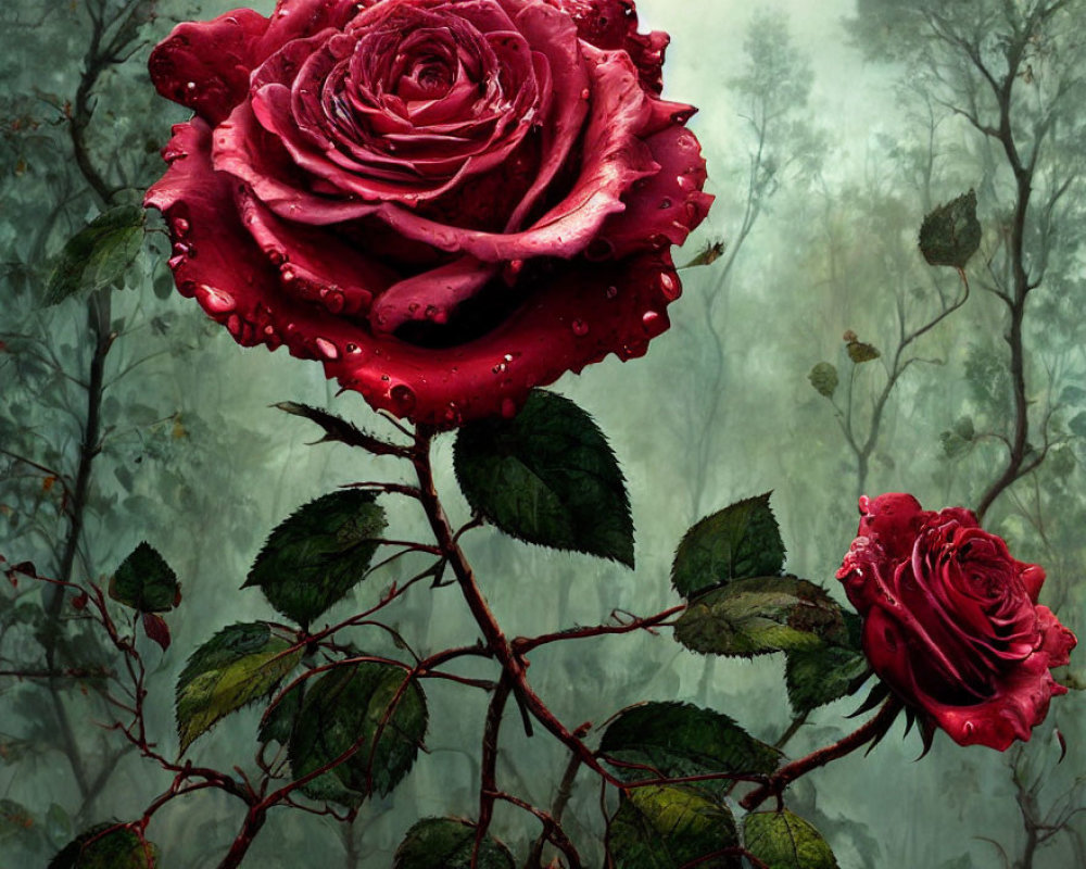 Dew-covered red roses with green foliage in misty forest setting