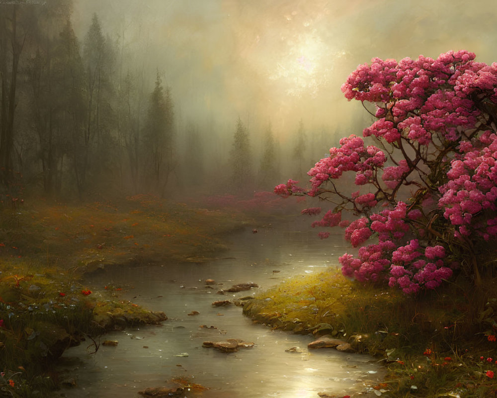 Tranquil forest landscape with mist, stream, and pink flowers