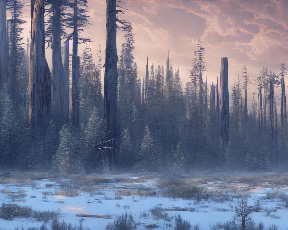 Snowy Dusk Scene: Tall Bare Trees in Frozen Landscape