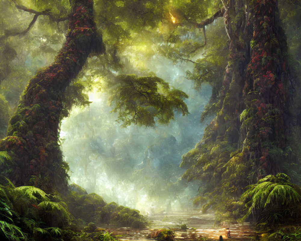 Mystical forest with red foliage, serene stream, and ethereal mist.