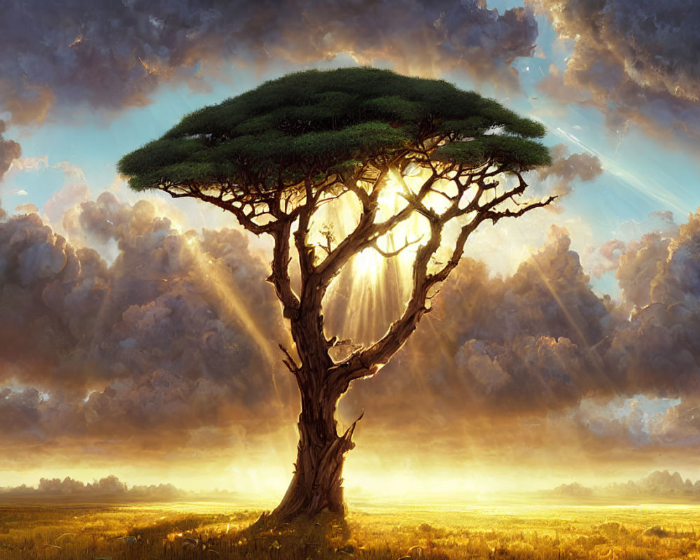 Majestic tree in sunlit field under dramatic cloudy sky
