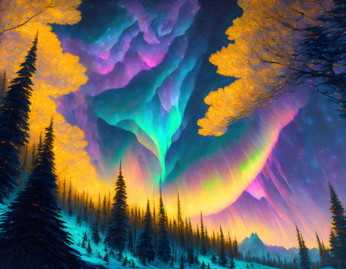 Digital Art: Northern Lights Display over Forest and Mountain